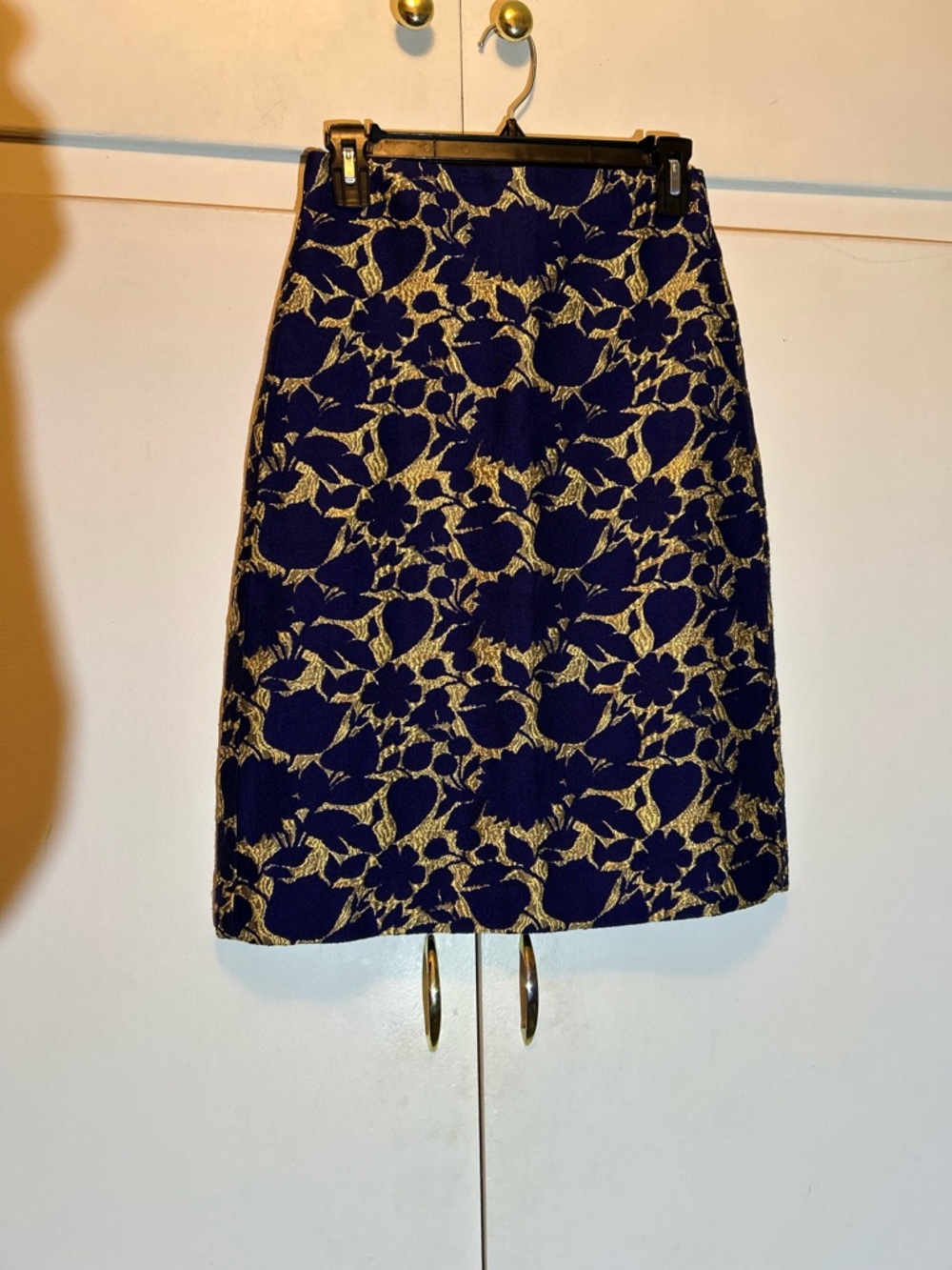 J. Crew Navy and Gold Floral Jacquard A-Line Skirt